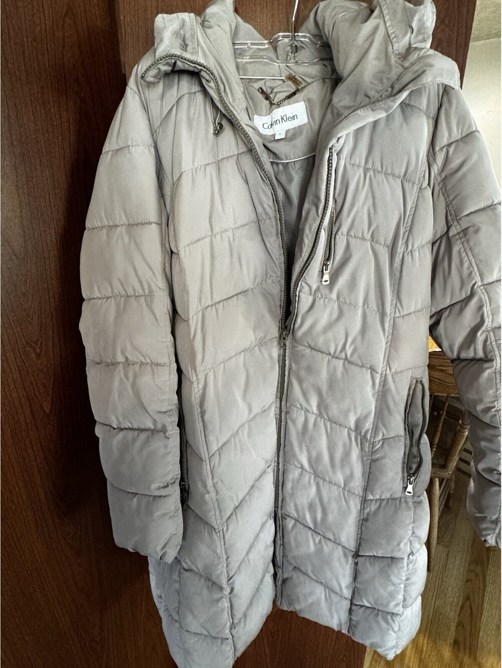 Calvin Klein Womens L Long Down Puffer Coat Hooded Beige Gold Hardware